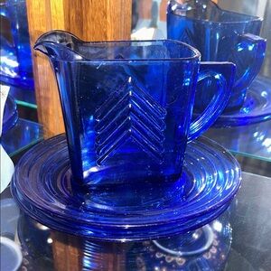 Vintage Blue Glass Creamer and Saucer Set